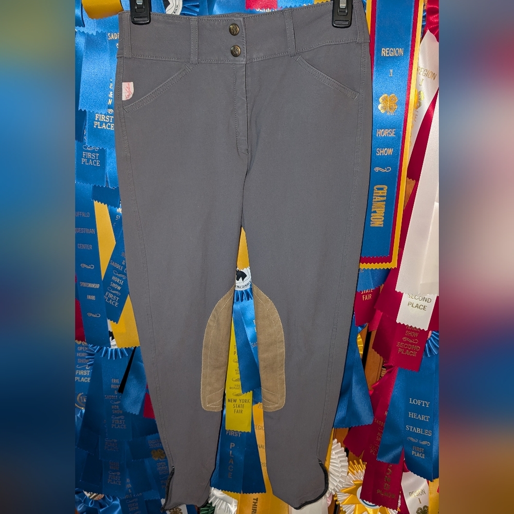 Gray Riding Pants with Tan Knee Patches